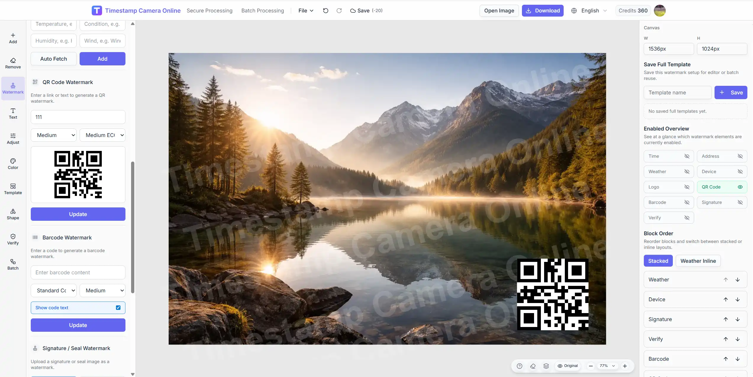 時間表示と QR コードを同時に入れた完成写真の例