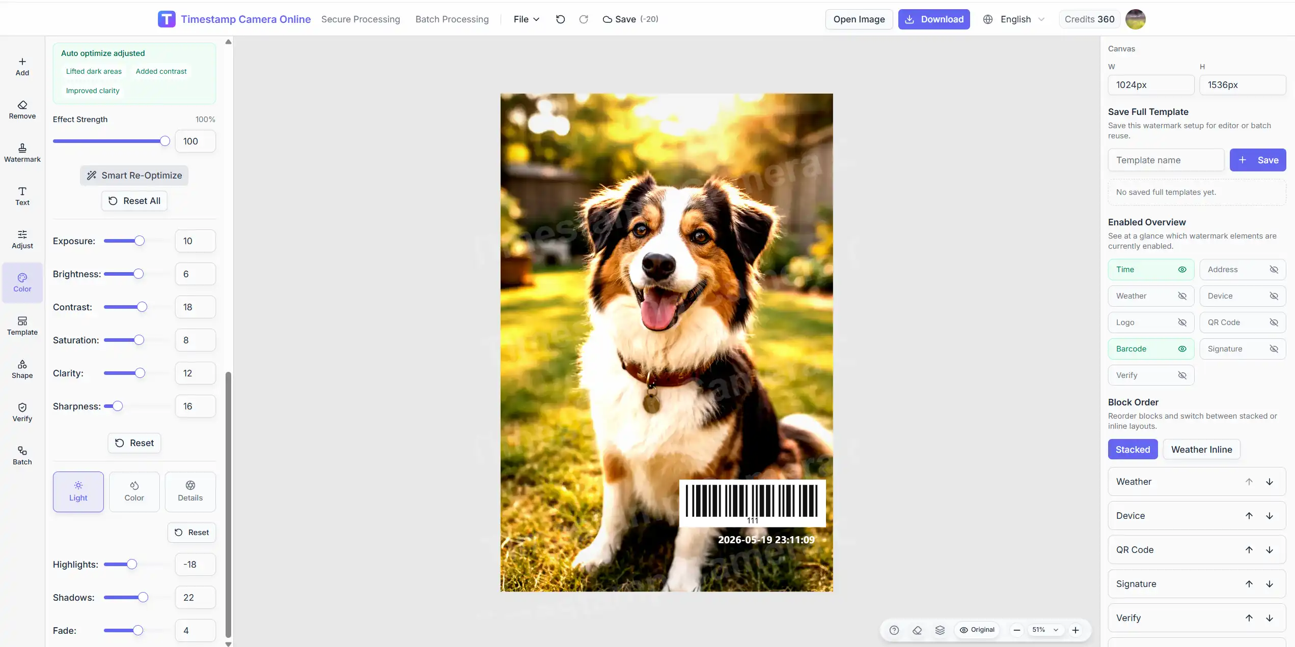 Color adjustment controls for exposure, contrast, clarity, and tone